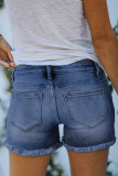 Dark Blue Distressed Ripped Denim Shorts with Pockets