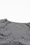 Gray Lace Crochet Waffle Knit Ruffled V Neck Top