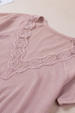 Pink Lace Crochet Waffle Knit Ruffled V Neck Top