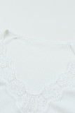 White Lace Crochet Waffle Knit Ruffled V Neck Top