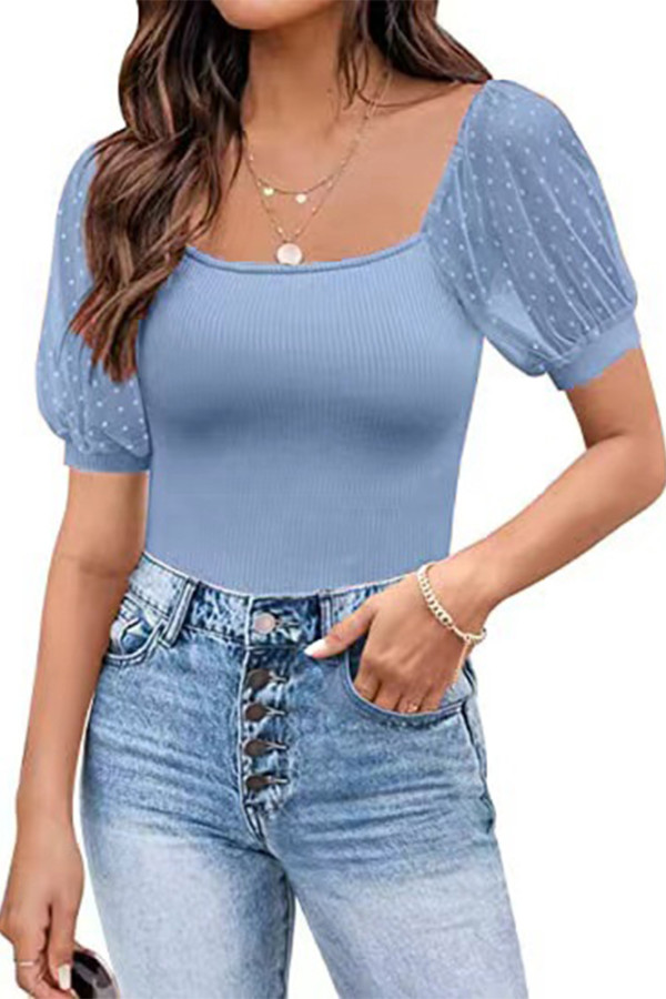 Plain Square Neck Jacquard Mesh Top