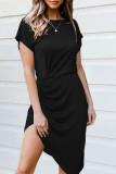 Black Side Shirring Short Sleeve Mini Dress