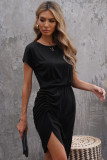 Black Side Shirring Short Sleeve Mini Dress