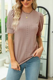 Eyelet Pattern Puff Button Sleeves Top