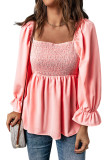 Pink Square Neck Puff Sleeve Ruffled Peplum Top