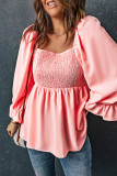 Pink Square Neck Puff Sleeve Ruffled Peplum Top
