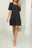Plain Square Neck Bubble Sleeves Tiered Jersey Dress