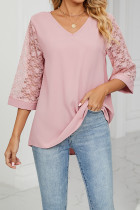 Plain V Neck Lace Sleeves Top