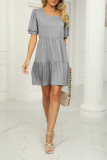 Plain Square Neck Bubble Sleeves Tiered Jersey Dress