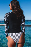 Black Leaf Stripe Print Round Neck Long Sleeve Surfing Swimsuit
