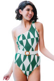 Green Sexy Asymmetrical Neck Geometrical Print Cut Out One Piece Swimwear