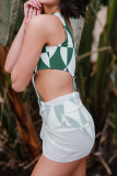 Green Sexy Asymmetrical Neck Geometrical Print Cut Out One Piece Swimwear