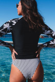 Black Leaf Stripe Print Round Neck Long Sleeve Surfing Swimsuit