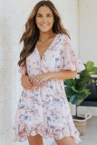 Pink Floral Print Flared Sleeve Ruffle Dress