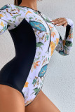 Zipper Tropical Print Splicing Long Sleeves Swimsuit