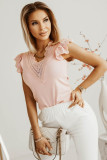Pink Contrast Lace Scalloped Neck Petal Sleeves Top