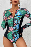 Zipper Tropical Print Splicing Long Sleeves Swimsuit