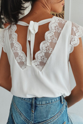 White Lace Patchwork Lace-up Backless V Neck Blouse