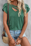 Green V Neck Strappy Petal Sleeves Top
