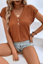 Brown V Neck Buttoned Waffle Knit Top