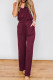 Wine Red Split Neck Drawstring Waist Sleeveless Jumpsuit