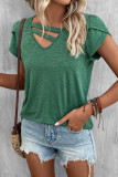 Green V Neck Strappy Petal Sleeves Top