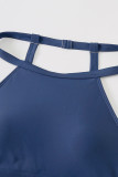 Blue Solid Strappy Halter Bikini Printed High Waist Swimsuit