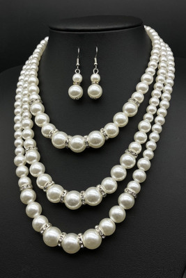 Triple Layer Pearl Necklace with Earring Set MOQ 3pcs