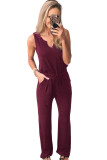 Wine Red Split Neck Drawstring Waist Sleeveless Jumpsuit