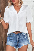 White Texture Striped Lace Edge Open Button Blouse Shirt