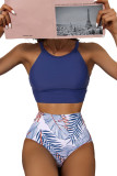 Blue Solid Strappy Halter Bikini Printed High Waist Swimsuit