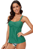 Green Adjustable Straps Ruched 2pcs Tankini Swimsuit