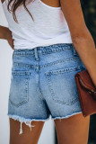 Light Blue Buttoned Ripped Distressed Denim Shorts