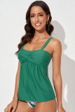 Green Adjustable Straps Ruched 2pcs Tankini Swimsuit