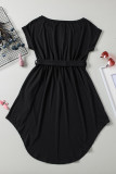 Buttons Crewneck Lace-up High Waist Mini Dress