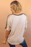Gray Leopard Splicing O-neck Short Sleeve T Shirt
