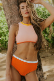Orange Color Block Zipped Cut Out Bikini Swimwear