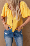 Yellow Ruched Buttoned Puff Sleeve Blouse