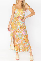 Tie Strap Floral Printed Side Split Cami Dress