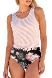 Black Striped Floral Print Backless One-piece Swimwear