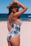 Pink Palm Leaf Print O-ring Cutout Decor One Piece Swimsuit