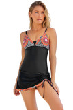 Red Tribal Floral Leopard Print Lace Up One Piece Swimsuit