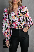 V Neck Lace Edge Puffy Floral Blouse 