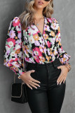 V Neck Lace Edge Puffy Floral Blouse 