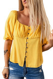 Yellow Ruched Buttoned Puff Sleeve Blouse