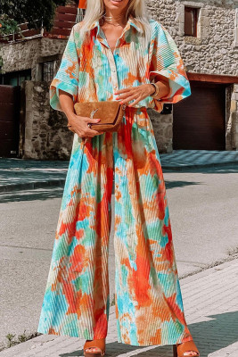 Pleated Tie Dye Buttoned Wide Leg Jumpsuit