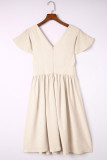 Khaki V Neck Wrap Ruched Flowy Midi Dress