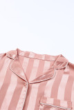 Pink Striped Print Buttoned Shirt and Drawstring Shorts Lounge Set