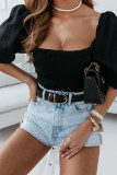 Black Square Neck Puff Sleeves Backless Crop Top with Tie