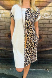 Gray Leopard Contrast Rolled Short Sleeve Dress